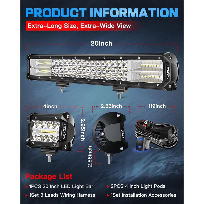 LEDKITO 20 inch LED Light Bar and 2PCS 4 Inch