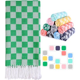 Checkered Plaid Cotton Turkish Beach Towels Sandproof Quick Dry Thin Over Size 40 x 72 Toallas de Playa Organic Blanket Mat Cruise Essentials Summer Vacation Accessories Travel Must Haves Gear Items