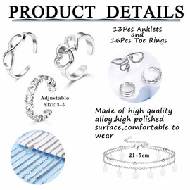 Finrezio 29Pcs Toe Rings and Anklets Set for Women Silver Gold Toe Rings Layered Anklets Arrow Flower Snake Adjustable Open Toe Rings Ankle Bracelets For Summer Beach Foot Jewelry Style A,Silver Tone