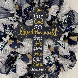 Christmas Cross Wreath Blue and Gold For God So Loved The World