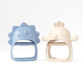 Paquete de 2 mordedores para bebés, mordedores portátiles, mordedores de mano - Pequeño pollito y Mini dinosaurio - Juguete para bebé azul y beige, ju