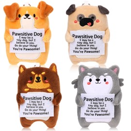 RoundFunny Mini Dog Plush Set of 4 Back to School Gifts for Students Teacher Coworker Stuffed Animal with Positive Cards Office Desk Decor Inspirational Gift for Dog Lovers