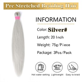 MEZIRU 3Pcs/Packs Braiding Hair Pre Stretched 20 Inch Yaki Straight Braiding Hair Extensions For Braids Synthetic Hot Water Setting Twist Braid Hair For Women(20" 3Pcs #Silver Grey)