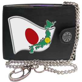 Klassek Japan Flag Japanese Map and Coat of Arms COA Mens Wallet with Chain Real Leather RFID Blocking with Coin Pocket and Metal Gift Box