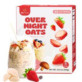 DIET COOKER Mushroom Overnight Oats, 27g of Protein & Strawberry Flavor, High Protein High Fiber Low Fodmap Food Gluten-Free Protein Oatmeal Shake with Chia Seeds, Lion's Mane Mushroom, Strawberry - Oatmeal Cream Pies & Healthy Breakfast (8 Pack)