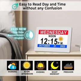 MASSII 2025 NewDigital Clock with Voice-Talking Date and Week, 19 Alarms Custom Reminders, Calendar Clock for Dementia, Auto DST, 10-Levels Auto Dimming, 8 Colors, Talking Time, 7" WHITE with 1.5M Adaptor