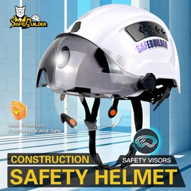 SAFEBUILDER Safety Hard Hats with Visor Industrial Work Hard Hats Adjustable Vents Head Protection Construction Hardhats ANSI Approved (White+Clear+Tinted Visor)