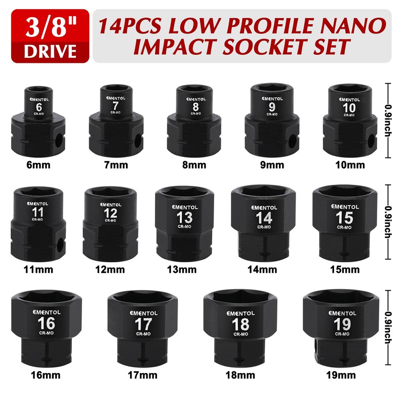 EMENTOL 14PCS 3/8" Drive Low Profile Nano Impact Socket Set,