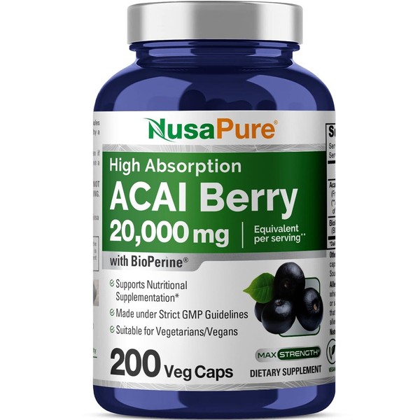 NusaPure Acai Berry Capsules 20000mg | 200 Veggie Caps |