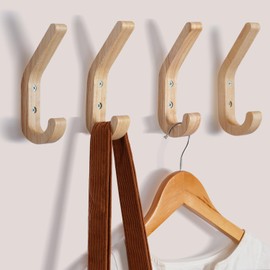 CRSWHA Natural Wood Wall Hooks,4 Pack Wall Mounted Wooden Coat Hooks,Modern Decorative Wooden Peg Hook for Entrance Wall,Heavy Duty Bag Hanger Hooks for Hanging Coats,Key,Towels,Purse(Oak Wood) | CRSWHA