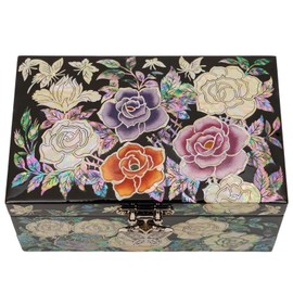 February Mountain Mother-of-Pearl Jewelry Box w/Lacquer Finish – Handcrafted Korean Art – Two-Layered Organizer w/Built-in Mirror – Ideal Valentines’ Day, Mothers’ Day, & Birthday Gift (Black-Rose)