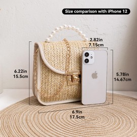 Mini Straw Bag for Women, Summer Woven Crossbody Shoulder Bag Small Pearl Top Handle Handbag Flap Satchel Purse, Black