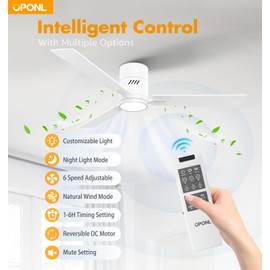 OPONL White 52 inch Ceiling Fan with Light, Remote Control, Flush Mount, Noiseless, Reversible, 6CCT, Dimmable, 6 Speeds, Timeable, Low Profile Ceiling Fan with Light for Bedroom, indoor/outdoor