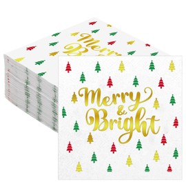 Geyoga 100 Pcs Christmas Cocktail Napkins Merry & Bright Beverage Napkins Funny Holiday Napkins for Dinner Christmas Party, 2 Ply, 5 x 5 Inch