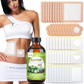 50 Pcs Castor Oil Patches with (8oz) Castor Oil Organic Cold Pressed Unrefined Glass Bottle,Cotton Caster Oil Pack Wrap for Waist Back Neck Arm Belly,Self-Adhesive Disposable for Convenient Use
