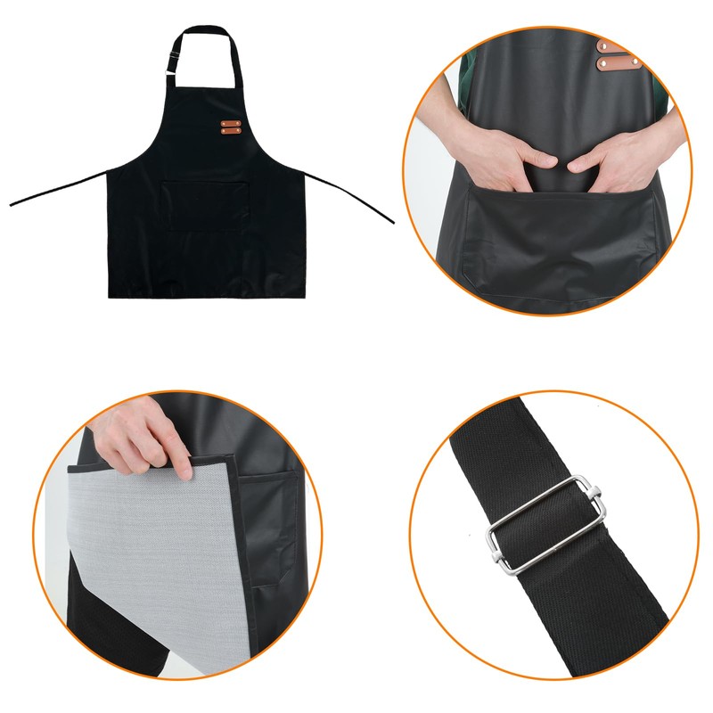 Trinkrittey Black Waterproof Apron Rubber Vinyl Apron with One Big