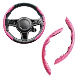 Fehlot Carbon Fiber Steering Wheel Cover, Men's and Women's Safe and Non Slip Car Accessory,15-inch Universal Auto Car Steering Wheel Cover, Steering Accessories for Car,Great Gifts (Pink)