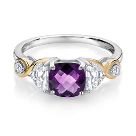 Gem Stone King 925 Silver and 10K Yellow Gold 3-Stone Ring Cushion Amethyst Half Moon Moissanite (1.36 Carat Cttw) (Size 6)