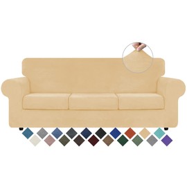 WEERRW 4 Pieces Velvet High Stretch Couch Covers for 3 Cushion Couch Sofa Slipcovers, Washable Furniture Protector with Non Slip Elastic Bottom, Feature Soft and Thick Plush Fabric, Champagne, Large
