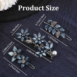 3 PCS Vintage Rhinestone Hair Clips, 2 Inch Ink-Blue Sparkly Crystal Flower Small Hair Barrettes Fancy Decorative Hairpin Wedding Hairs Accessories for Women Girls Bride Engagement Prom Valentines
