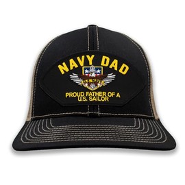 PATCHTOWN Navy Dad - Proud Father of a US Sailor Hat/Ballcap Adjustable One Size Fits Most (Mesh-Back Black & Tan, Standard (No Flag))