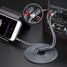 JSAUX RCA Cable, [6.6ft/2M, Dual Shielded Gold-Plated] 3.5mm Male to 2RCA Male Stereo Audio Adapter Coaxial Cable Nylon Braided AUX RCA Y Cord for Smartphones, MP3, Tablets, Speakers, HDTV [Grey]