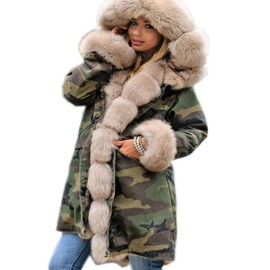 Roiii Womens Hooded Camouflage Warm Winter Coats Fleece Fur Jacket Down Parka Overcoat