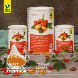 Raab Vitalfood Organic Rosehip Capsules, Pack of 150, No Additives, Vegan, High Dose, with Vitamin C for Normal Cartilage and Collagen Formation, 129 g