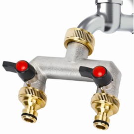 2 Wege Wasseranschluss Verteiler Hahnverbinder, Garten Wasserhahn Wasserverteiler aus Messing, 3/4 Zoll Schlauchanschluss, 2er Adapter 1/2 mit Kugelhahn für Garten Bewässerung System