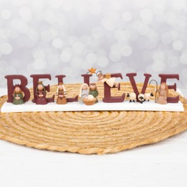 Blossom Bucket B-E-L-I-E-V-E Nativity Christmas Decoration (Mounted on Snowy Base)