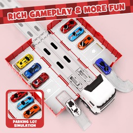 Aoskie Transporter Truck Cars Toys for Boys 3 4 5 6 Years Old, Double-Layer Foldable Race Track Truck with 8 Alloy Pull Back Cars, Hot Gift for Kids Car Lover
