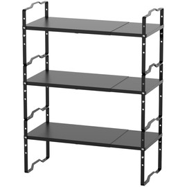 Jojocross Expandable Shelf for Cabinet Organizer Adjustable and Stackable Spice Rack at Kitchen and Bathroom More, Counter Countertop Cupboard Organization Pantry Storage(LARGE/3PACKS/BLACK)