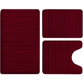 BYSURE Burgundy Memory Foam Bathroom Rug Set 3 Piece, Non Slip Extra Soft Absorbent Machine Washable Toilet Bath Toilet Mat (17"x24"+20"x32"+U Shape 20"x24")
