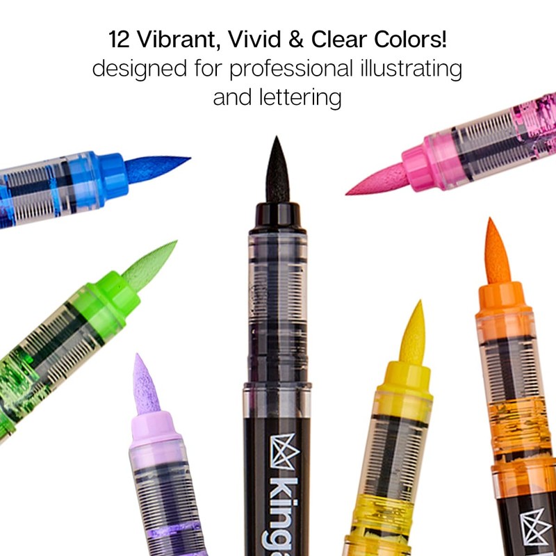 KINGART Acrylic Paint Markers Brush Tip, 12 Vibrant Colors. Water-based,