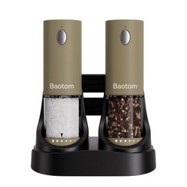 Baotom Electric Salt and Pepper Grinder Set with Dual Charging Base, 6 Adjustable Coarseness Levels & External Grind Settings, One-handed Operation Salt and Pepper Mills with LED Light,Brown