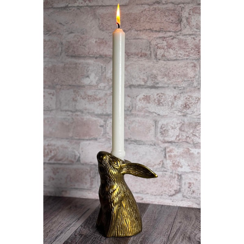 Bunny Rabbit Facing Upward Cast Aluminum Candle Holder with Antique