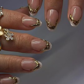 Hrnsnails Nail Press ons, Short Almond Press On Nails Fake Nails with 3D Noble Gilded French Tip Nails Design, Acrylic Artificial False Nails Press On Stick On Nails for Women