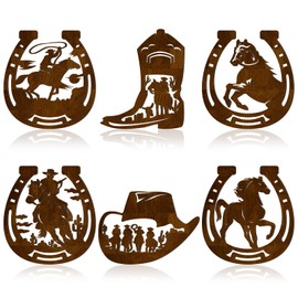 Therwen 6 Pcs Western Wall Decor Wood Wall Art Rustic Cowboy Hat Boot Saddle Deer Bear in the Forest Pine Tree Cow Decorations for Home Bedroom Kitchen(Horse,Brown)
