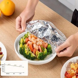 Tapas de aluminio para conservar alimentos, tapas elásticas reutilizables de papel de aluminio para alimentos, tapas aislantes desplegables para platos, mesa y recipientes de comida (50)