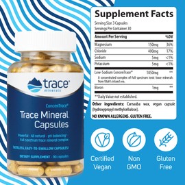 Low-Sodium ConcenTrace Trace Mineral Capsules, Daily Magnesium and Potassium Supplement, Full Spectrum Electrolytes, Concentrated Complex of 72+ Ionic Trace Minerals in Each Serving, 90 Count (Vegan)