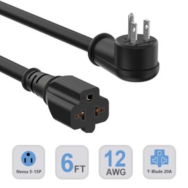 6FT 12AWG Heavy Duty Right-Angle 15Amp to 20Amp Extension Cord,90-Degree 15 Amp Household Plug to 20 Amp T Blade Extension Cable, Nema 5-15P to 5-15R 5-20R 6-15R 6-20R, Angled 15A to 20A AC Power Cord