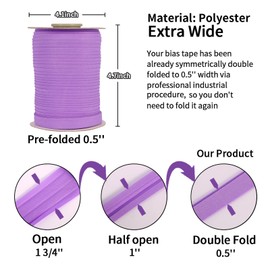 Bias Tape, Double Fold 1/2 inch Continuous Bulk Hem Tape for Sewing, Fabric Quilting, Seaming, Apparel Craft, Polyester, Non-Stretch(Lilac, 13mm, 55 Yards)