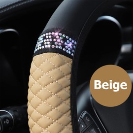 Bling Leather Steering Wheel Cover, Colorful Rhinestones Elastic Steering Wheel Protector, PU Soft Leather with Crystal Diamond, Sparkling Car Accessories for Most Cars (Beige)