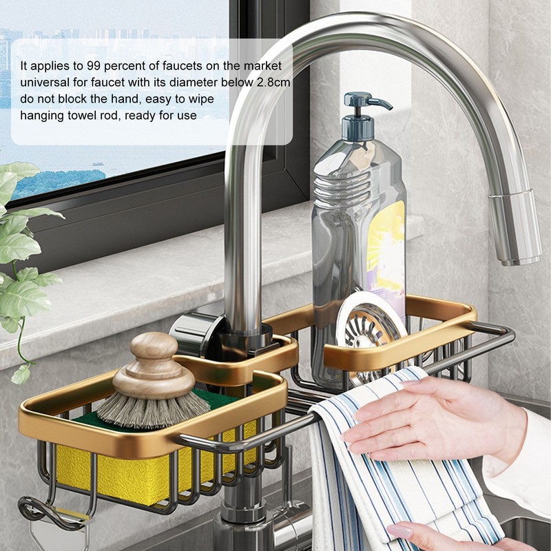 Faucet Storage Shelf Aluminum Plastic Two Containers with Towel Rod