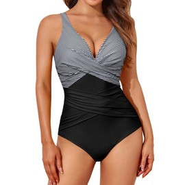 Smismivo Tummy Control Swimsuits for Women Slimming Plus Size One Piece Bathing Suit Modest Padded Ruched Push Up Long Torso Curvy V Neck Shapewear Swimming Full Coverage Swimwear (Black White Stripe)