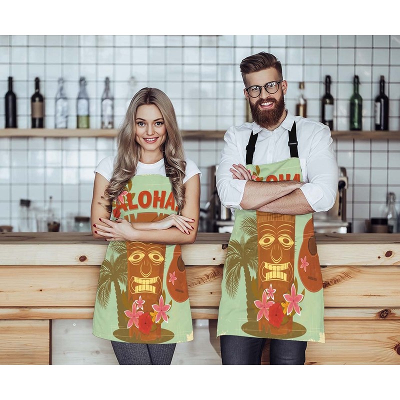 Moslion Hawaiian Tiki Style Apron,Seaside Palm Trees and Beautiful Flowers