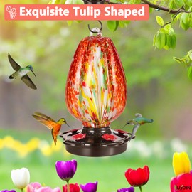 LUJOIN Tulip Shaped Hummingbird Feeder for Outdoors Hanging, Hand Blown Glass, 28 fl.oz, Leak Proof & Rustproof, Includes an Ant Moat, Metal Cover with 5 Feeding Ports, Red