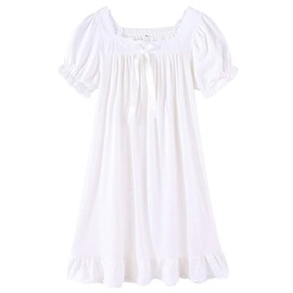 CHUNG Little Girls Vintage Victorian Nighties Long Sleeve Lace Square Neck Nightdress Princess Nightgown White Short Sleeve, 7-8 Years