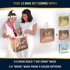 Nush Nush Set of 12 Reusable Rose Gold Bridesmaids Gift Bags In Bulk With 3 x Bride and 9 x I Do Crew Bags - Wedding Favors, Bachelorette Party, Bridesmaid Gifts, Bridal Shower - 11" x 5" x 13" Size