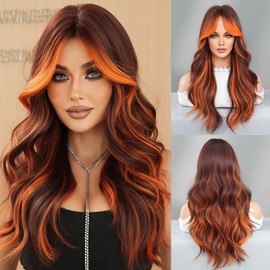 TRUMOST Long Wavy Ombre Orange Brown Wig with Bang 26Inch Bright Ginger Curtain Bangs Synthetic Heat Resistant Wig with Dark Root Auburn Highlight Brown Wig for Women Daily Party Use